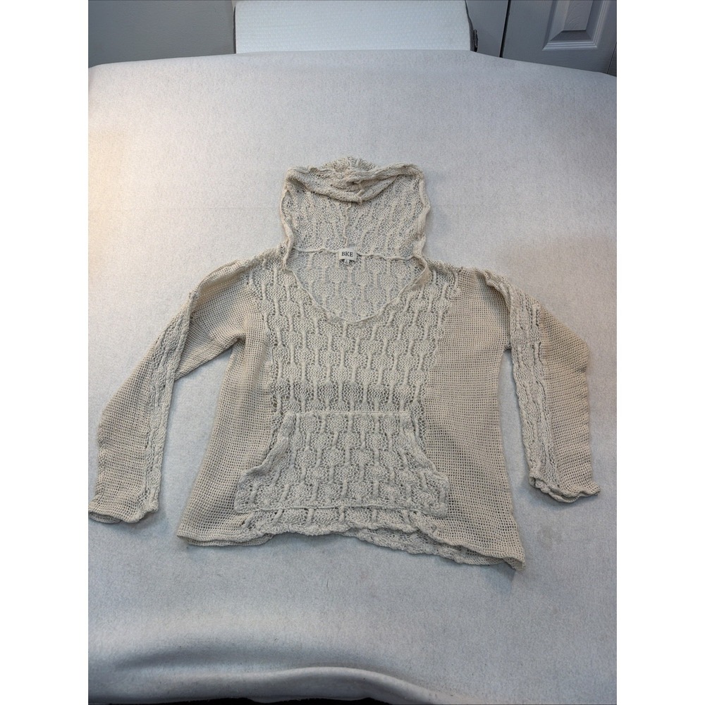 BKE Oatmeal Hooded V-Neck Fringe Knit Pullover Sweater Long Sleeve Large  Croche